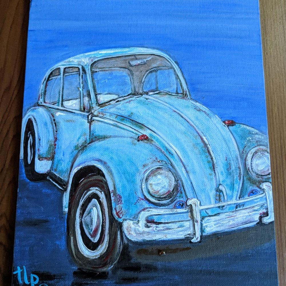 PAINTING on Canvas 10" x 12" Vintage Volkswagen Beetle Bug VW
